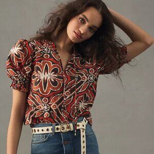 Anthropologie The Odells women's S Jacy blouse puff sleeve split neck NWT